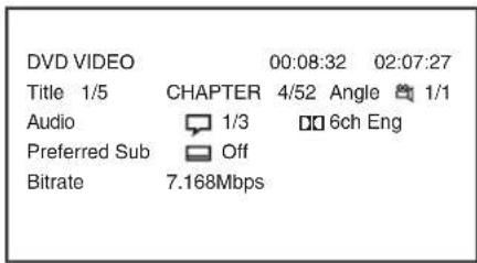 DVD VIDEO 00:08:32 02:07:27 Title 1/5 CHAPTER 4/52 Angle 1/1 Audio 1/3 6ch Eng Preferred Sub Off Bitrate 7.168Mbps