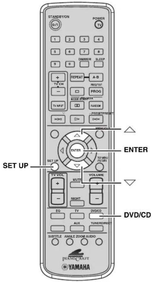 STANDBYON POWER TV 1 2 3 4 5 6 7 8 9 0 DIMMER SLEEP + TV CH - REPEAT A-B PROG MODE SWITCHER TV INPUT RANDOM PRESET/PRESET →> →> →> NEW/OLD ENTER ENTER SET UP SET UP TV VOL MUTE VOLUME + - NIGHT - EQ TV DVD/CD AUX TUNER/DIRECT SUBTITLE ANGLE ZOOM AUDIO DIANO/CRAFT YAMAHA