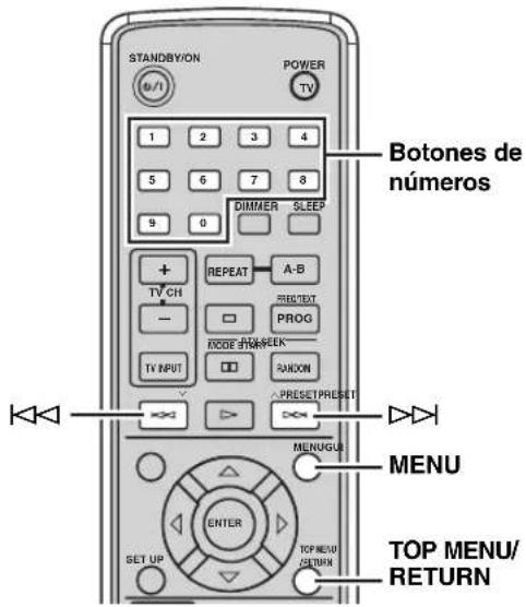 STANDBY/ON POWER TV 1 2 3 4 5 6 7 8 9 0 DIMMER SLEEP + TV CH REPEAT A-B - TV INPUT PROG + MODE SHAK/SEEK RANDOM △ PRESET PRISET → → MENU MENUGU ENTER SET UP TOP MENU/ RETURN Botones de números TOP MENU/ RETURN