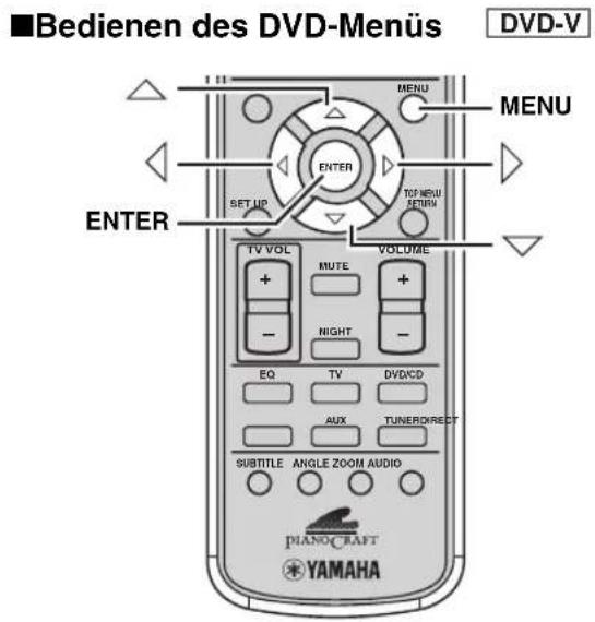 ■Bedienen des DVD-Menus DVD-V MENU MENU ENTER SET UP VOLUME TV VOL MUTE + - NIGHT EQ TV DVD/CD AUX TUNER/DIRECT SUBTITLE ANGLE ZOOM AUDIO PIANOCRAFT YAMAHA