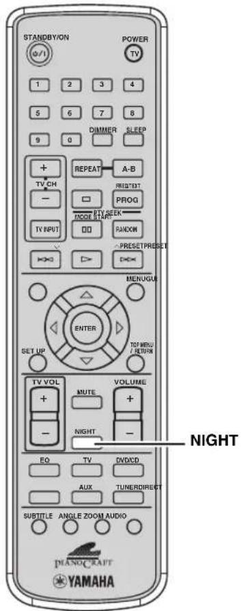STANDBY/ON POWER TV 1 2 3 4 5 6 7 8 9 0 DIMMER SLEEP + REPEAT A-B TV CH RED*BT - MODE SEEK PROG TV INPUT DD RANDOM PRESETPRESIST MENUGU ENTER TOT-MENU / RETURN SET UP VOLUME TV VOL MUTE + - NIGHT - EO TV DVD/CD AUX TUNERDIRECT SUBTITLE ANGLE ZOOM AUDIO YAMAHA NIGHT