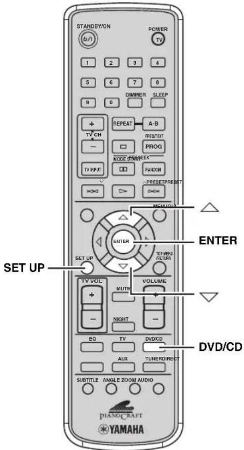 STANDBYON POWER TV 1 2 3 4 5 6 7 8 9 0 DIMMER SLEEP + TV CH REPEAT A-B - MODE SHALK PROG TY INPUT FANCON PRESET/PRESET →→ →→ NEW/WHN ENTER ENTER SET UP VOLUME + MUTE - NIGHT - EQ TV DVD/CD AUX TUNER/DIRECT SUBTITLE ANGLE ZOOM AUDIO PIANO/CRAFT YAMAHA