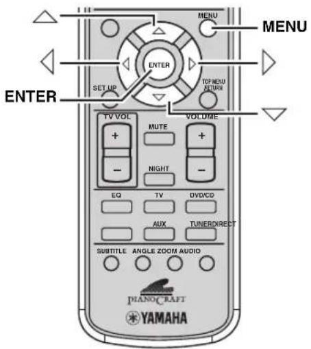 MENU MENU ENTER SET UP VOLUME TV VOL MUTE + - NIGHT EQ TV DVDCD AUX TUNERDIRECT SUBTITLE ANGLE ZOOM AUDIO PIANO-CRAFT YAMAHA