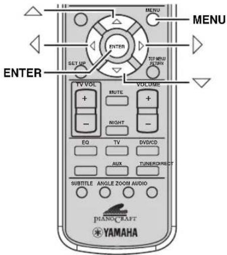 MENU MENU ENTER SET UP VOLUME TV VOL MUTE + + NIGHT - EQ TV DVD/CD AUX TUNER/DIRECT SUBTITLE ANGLE ZOOM AUDIO PIANO/CRAFT YAMAHA