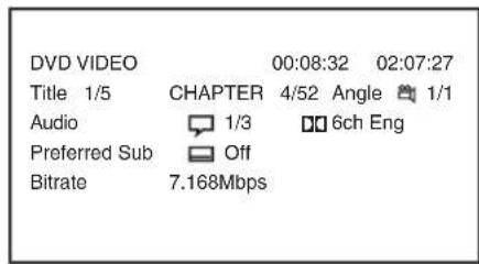 DVD VIDEO 00:08:32 02:07:27 Title 1/5 CHAPTER 4/52 Angle 1/1 Audio 1/3 6ch Eng Preferred Sub Off Bitrate 7.168Mbps