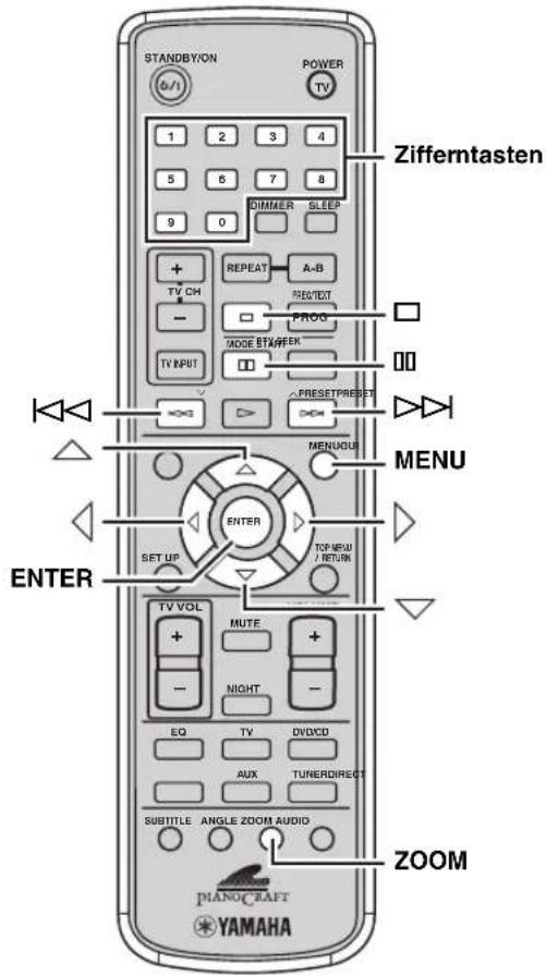 STANDBY/ON POWER TV 1 2 3 4 5 6 7 8 9 0 DIMMER SLEEP + TV CH - REPEAT A-B RESET PROG MODE STAFFER TV INPUT PRESETPREFET MENU MENU ENTER SET UP TOP INPUT / RETURN TV VOL MUTE + - NIGHT - EQ TV DVD/DVD AUX TUNERDIRECT SUBTITLE ANGLE ZOOM AUDIO ZIFFERTASTEN DINOCRAFT YAMAHA ZOOM