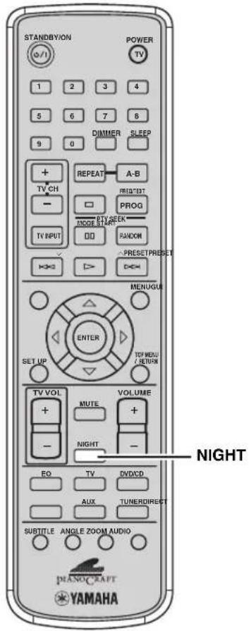 STANDBYION POWER TV 1 2 3 4 5 6 7 8 9 0 DIMMER SLEEP + REPEAT A-B TV CH PREG'DBT - MODE START PROG TV INPUT DO RANDOM PRESET PRESET H<> D>= D=> MENUGU ENTER SET UP TOF MENU / RETURN TV VOL MUTE VOLUME + - NIGHT - EO TV DVD/CD AUX TUNERDIRECT SUBTITLE ANGLE ZOOM AUDIO YAMAHA NIGHT