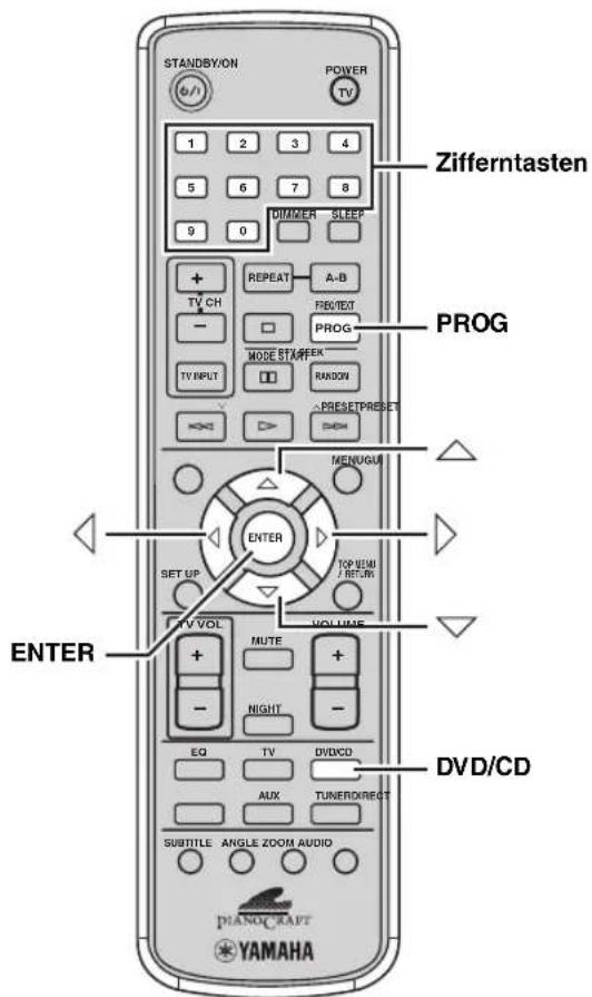 STANDBY/ON POWER TV 1 2 3 4 5 6 7 8 9 0 DIMMER SLEEP + TV CH - + REPEAT A-B - PROG MODE STRAWER PROG TV INPUT RANDOM PRESETPreset MENUGU ENTER SET UP TOP VOUT / RETAIN TV VOL VOLUME + MUTE + - HIGHT - EQ TV DIVICD AUX TUNER/DIRECT SUBTITLE ANGLE ZOOM AUDIO DVD/CD Zifferntasten PROG ENTER YAMAHA