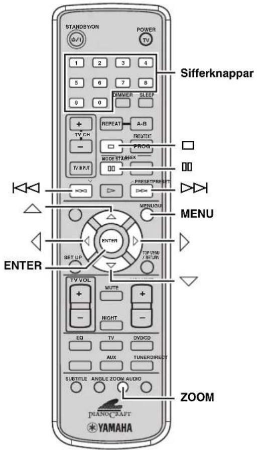 STANDBY/ON POWER TV 1 2 3 4 5 6 7 8 9 0 DIMMER SLEEP + REPEAT A-B TV CH PRESENT - PROG TV INPUT MODE SET & OPEN PIDI PRESET/PRESET KNO > DSH MENU/UU MENU ENTER SET UP ENTER TOP USM / RETURN TV VOL MUTE + - NIGHT - EQ TV DVD AUX TUNER DIRECT SUBTITLE ANGLE ZOOM AUDIO PIANO/CRAFT YAMAHA ZOOM