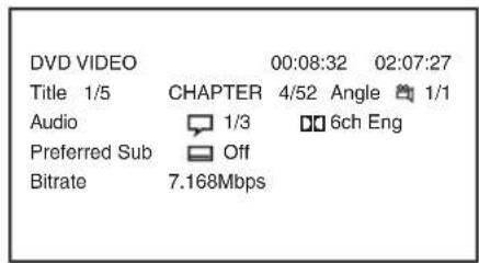 DVD VIDEO 00:08:32 02:07:27 Title 1/5 CHAPTER 4/52 Angle 1/1 Audio 1/3 6ch Eng Preferred Sub Off Bitrate 7.168Mbps