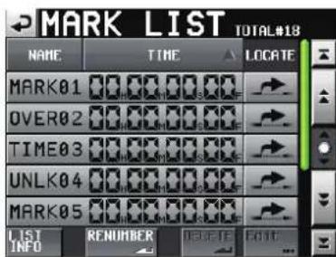 MARK LIST TOTAL#18 NAME TIME LOCATE MARK01 OVER02 TIME03 UNLK04 MARK05 LIST INFO RENUMBER DELETE Edit