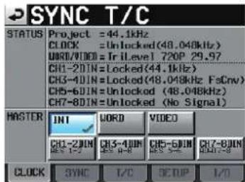SYNC T/C STATUS Project =44.1kHz CLOCK =Unlocked(48.048kHz) UROD/VIDEO =TriLevel 720P 29,97 CH1-2DIN=Locked(44.1kHz) CH3-4DIN=Locked(48.048kHz FsEnv) CH5-6DIN=Unlocked(48.048kHz) CH7-8DIN=Unlocked (No Signal) MASTER INT WORD VIDEO CH1-2DIN CH3-4DIN CH5-6DIN CH7-8DIN CLOCK SYNC T/C SETUP I/O