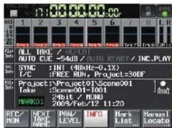 ALL TAKE / 54kHz AUTO CUE -54dB / AUTO READY / INC.PLAY SYNC :INT (48kHz-0,1%) T/C :FREE RUN, Project=300F Project:\Project01\Scene001 Take :Scene001-1001 24bit / RUND MARK01 2009/Feb/12 11:20 REC/ NON NEXT T&C NAME: PEN/ LEVEL INFO Hark List Manual Locato