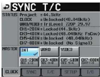 SYNC T/C STATUS Project = 44.1kHz CLOCK = Unlocked(48.048kHz) WORD/VIDEO = TriLevel 720P 29.97 CH1-2DIN = Locked(44.1kHz) CH3-4DIN = Locked(48.048kHz FsCnv) CH5-6DIN = Unlocked (48.048kHz) CH7-8DIN = Unlocked (No Signal) MASTER INT WORD VIDEO CH1-2DIN CH3-4DIN CH5-6DIN CH7-8DIN DES 1-2 DES 0-B DES 5-B D007-8 CLOCK SYNC T/C SETUP I/O