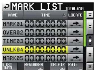 MARK LIST TOTAL#18 NAME TIME LOCATE MARK01 OVER02 TIME03 UNLK04 MARK05 LIST INFO RENUMBER DELETE Edit
