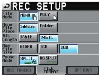 TASCAM HS8 - Page FILE FORMAT (format de fichier) - 1