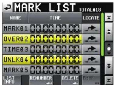MARK LIST TOTAL#18 NAME TIME LOCATE MARK01 OVER02 TIME03 UNLK04 MARK05 LIST INFO RENUMBER DELETE Edit...