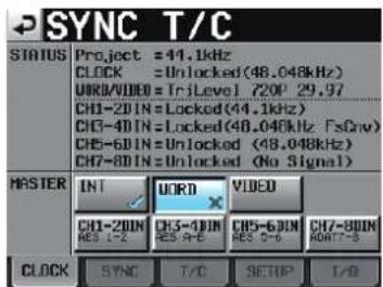 SYNC T/C STATUS Project =41.1kHz CLOCK =Unlocked(48.048kHz) U8KB/VIDEO = TriLevel 720° 29.97 CH1-20IN=Locked(48.1kHz) CH1-40IN=Locked(48.048kHz FcDrw) CH5-60IN=Unlocked(48.048kHz) CH7-80IN=Unlocked (No Signal) MASTER INT WORD VIDEO CH1-20IN CH5-40IN CH5-60IN CH7-80IN RES 1-2 RES 2-3 RES 3-4 RES 4-5 CLOCK SYNC T/C SETUP I/O