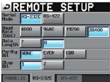 REMOTE SETUP Serial Mode RS-232C RS-422 Baud Rate (bps) 4800 9600 19200 38400 Data Length 7 8 Pority Bit NONE EVEN ODD Stop Bit 1 2 PARALLEL RS-232C RS-422