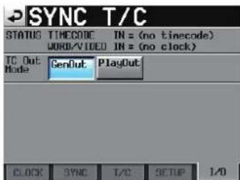 SYNC T/C STATUS TIMECODE IN = (no tinecode) WORD/VIDEO IN = (no clock) IC Out Mode GenOut PlayOut CLOCK SYNC T/C SETUP 1/0