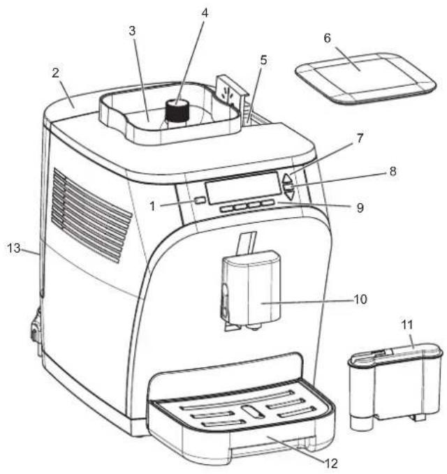 Technical diagram of a microwave oven with numbered components for identification