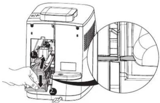 Technical diagram of a portable device with labeled parts and an inset close-up showing internal structure details.