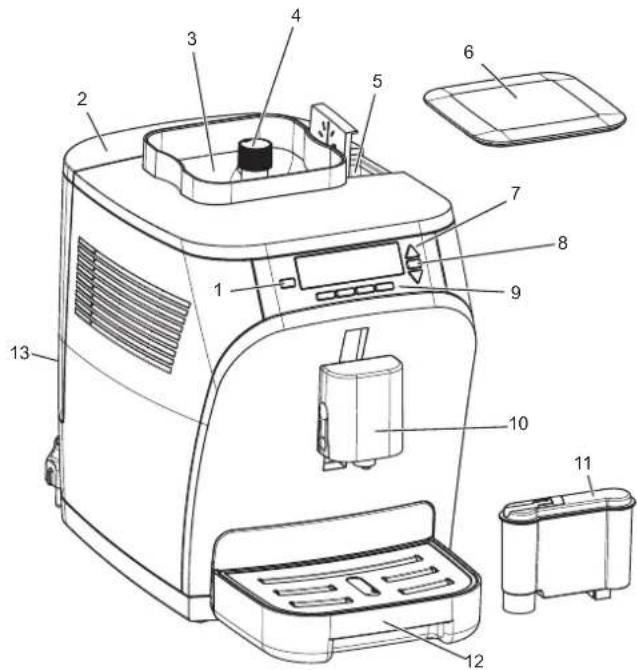 Technical diagram of a microwave oven with numbered components for identification