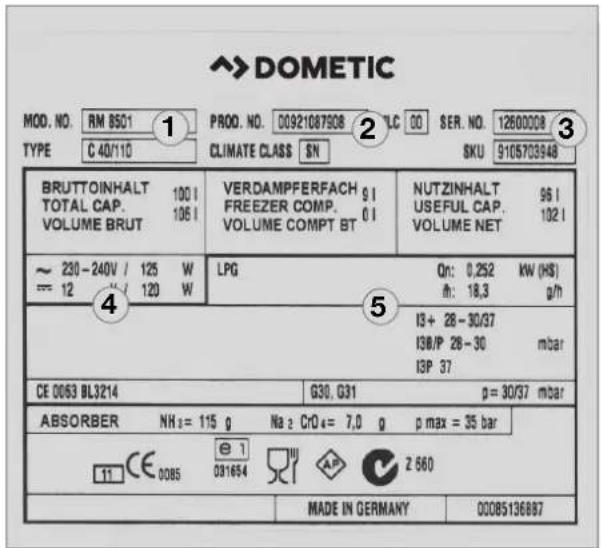 DOMETIC RM 8401 - Plaque signalétique du réfrigérateur - 1