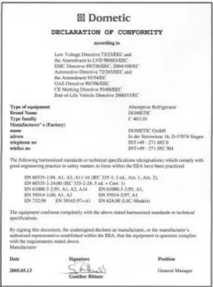 DOMETIC RM 7361L - Declaration de conformité - 1