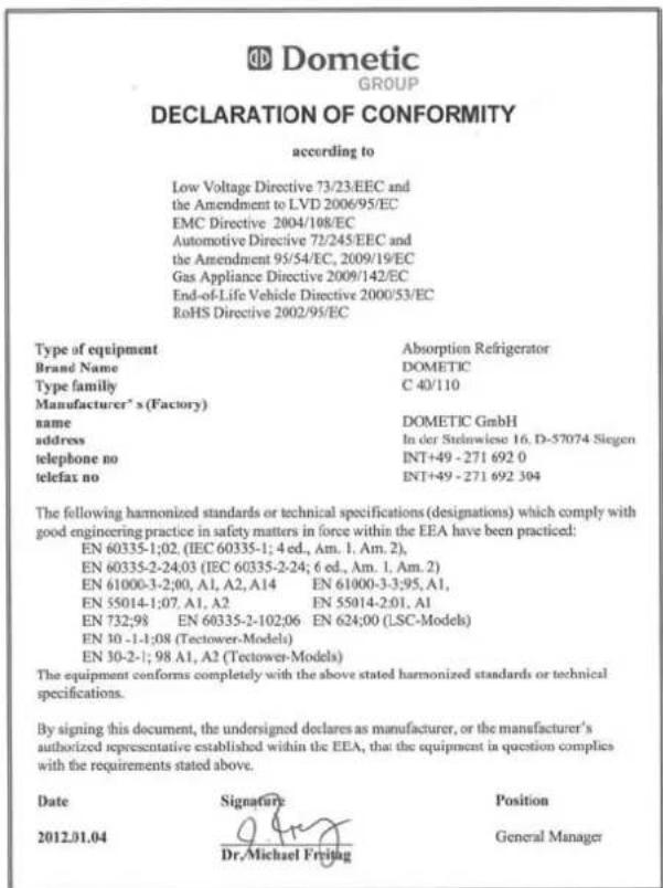 DOMETIC RMS 8405 - Déclaration de conformité - 1