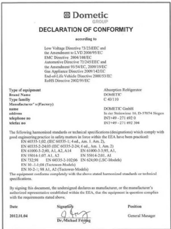 DOMETIC RMS 8405 - Declaración de conformidad - 1