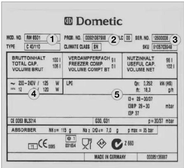 DOMETIC RMS 8405 - Plaque signalétique du réfrigerateur - 1