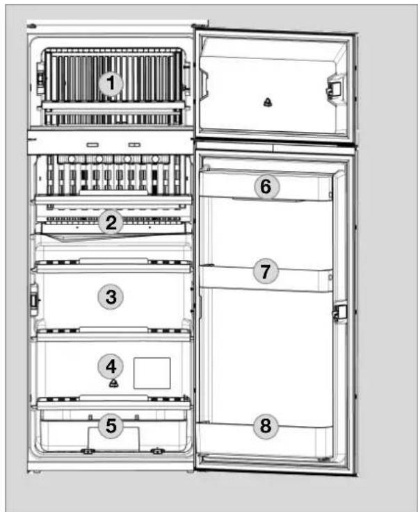 Diagram of an open refrigerator with numbered compartments and labeled parts