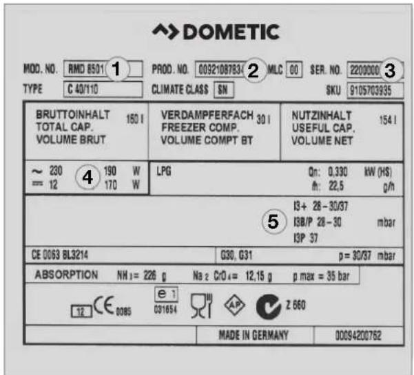 Dometic MOD. NO. RMD 8501 1 PROD. NO. 0092108783/2 MLC 00 SER. NO. 2200000 3 TYPE C 40/110 CLIMATE CLASS SN SKU 9105703935 BRUTTOINHALT 150 I TOTAL CAP. VOLUME BRUT VERDAMPFERFACH 30 I FREEZER COMP. VOLUME COMPT BT NUTZINHALT 154 I USEFUL CAP. VOLUME NET ~ 230 190 W LPG Qn: 0,330 kW (HS) = 12 170 W fh: 22,5 g/n ④ ⑤ I3+ 28-30/37 I3B/P 28-30 mbar CE 0063 BL3214 G30, G31 p = 30/97 mbar ABSORPTION NH:= 226 g Na z Cr/D:= 12,15 g p max = 35 bar e 1 12 CE 0085 031654 AP Z 660 MADE IN GERMANY 00094200762