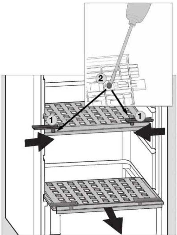 Diagram showing a pipette inserted into a rack with labeled components, illustrating a mechanical or laboratory setup.