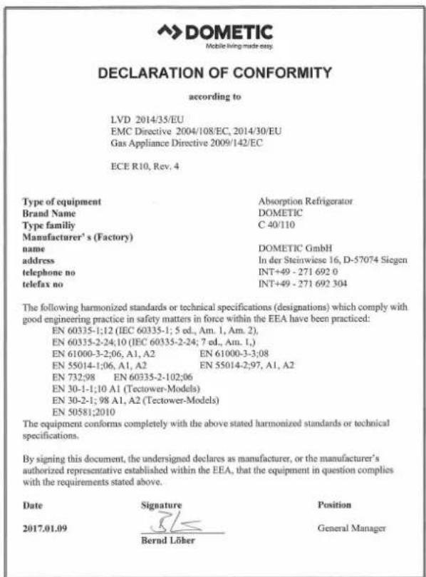 DOMETIC RMD 8551 - Dichiarazione di conformità - 1