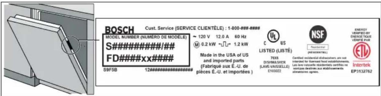 BOSCH Cust. Service (SERVICE CLIENTÈLE) : 1-800-###-### MODEL NUMBER (NUMÉRO DE MODELE) S#######/### FD#######xx### S9F5B 12########## ~ 120 V 12.0 A 60 Hz M 0.2 kW ~L~ 1.2 kW Made in the USA of US and imported parts (Fabrique aux E.-U. de pièces É.-U. et importées ) C US LISTED (LISTÉ) 7EX8 DISHWASHER (LAVE-VAISSELLE) E103022 NSF Residential (PRESIDENTILE) Certified residential dishwashers, are not intended for licensed food establishments. Les levouvantele residentielle certifies ne servipes destinies aux établissements alimentaires agnees. ENERGY VERIFIED BY ENERGY TIQUE VERIFIÉ PAR ETL Intertek EP3132762