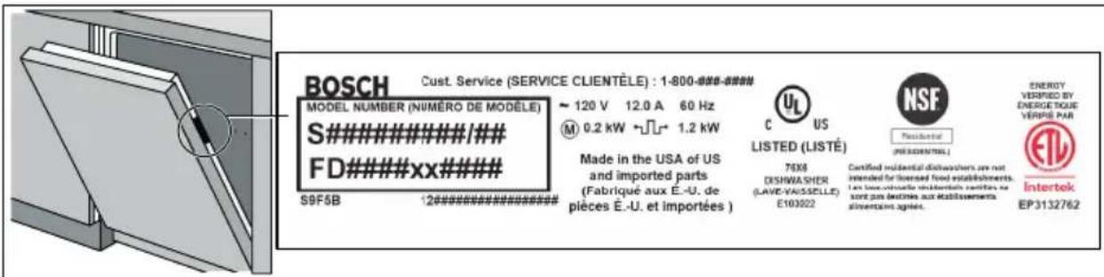 BOSCH Cust. Service (SERVICE CLIENTÈLE) : 1-800-###-### MODEL NUMBER (NUMÉRO DE MODELE) S#######/### FD#######xx### S9F5B 120 V 12.0 A 60 Hz M 0.2 kW ∽L→ 1.2 kW Made in the USA of US and imported parts (Fabriqué aux E.-U. de pièces E.-U. et importées ) C US LISTED (LISTÉ) 76X8 DISHWASHER (LAVID-VASSELLE) E103022 NSF Residential (PRESIDENTIAL) Certified incidental dishwashers are not intended for licensed fixed establishments. Let house/shouse individuals certify that not pass destinies aux établissements. allorentaire agneés. ENERGY VERIFIED BY ÉNERGÉ TIQUE VERPÉ PAR ETL Intertek EP3132762