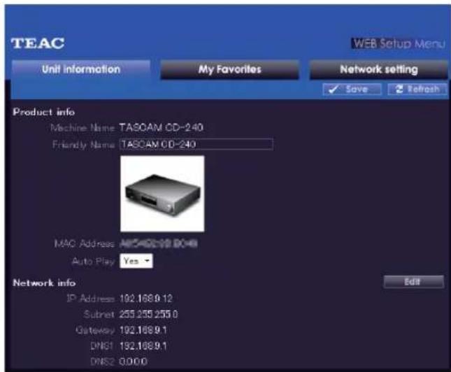 TASCAM CD240 - Saisissez l'adresse IP de cette unité dans le champ d'adresse URL du navigateur internet. - 1