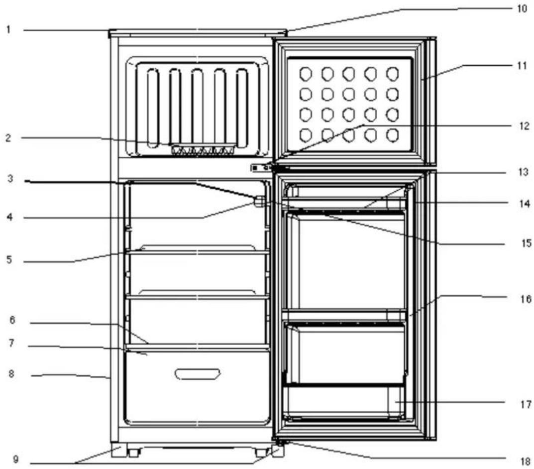 Technical diagram of a refrigerator with numbered components for identification