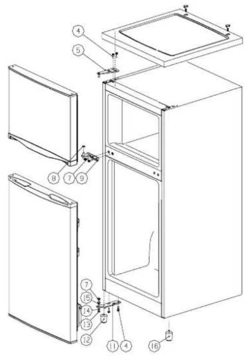 Technical diagram of a refrigerator with numbered components for identification