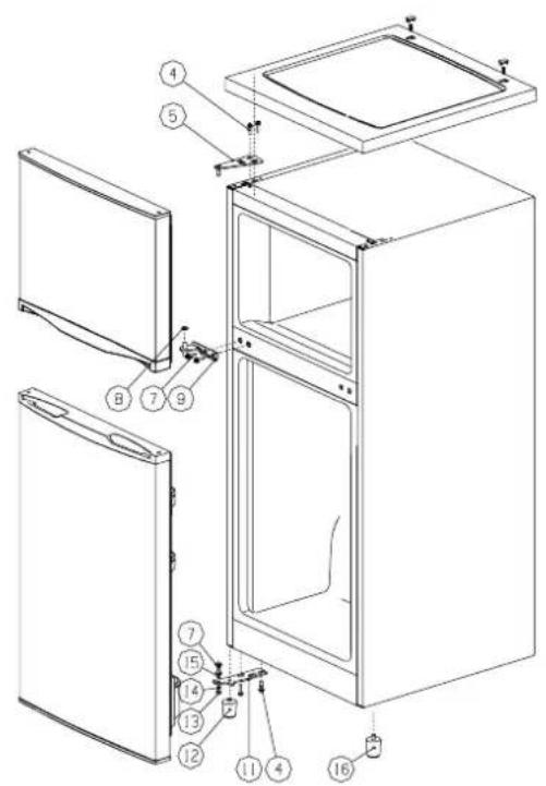 Technical diagram of a refrigerator with numbered parts for identification