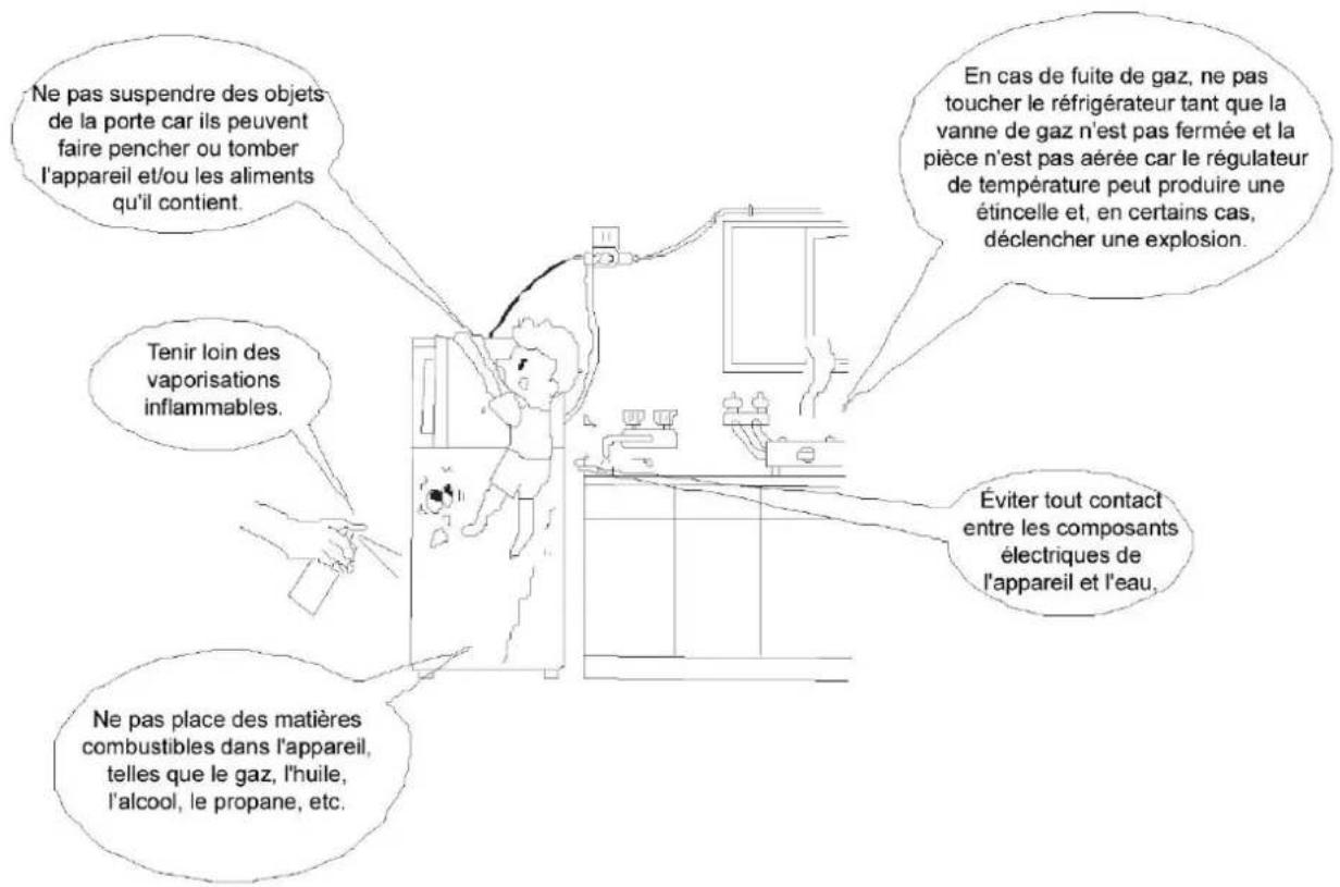 Ne pas suspendre des objets de la porte car ils peuvent faire pencher ou tomber l'appareil et/ou les aliments qu'il contient. Tenir loin des vaporisations inflammables. Ne pas place des matières combustibles dans l'appareil, telles que le gaz, l'huile, l'alcool, le propane, etc. En cas de fuite de gaz, ne pas toucher le réfrigérateur tant que la vanne de gaz n'est pas fermée et la pièce n'est pas aérée car le régulateur de température peut produire une étincelle et, en certains cas, déclencher une explosion. Éviter tout contact entre les composants électriques de l'appareil et l'eau,