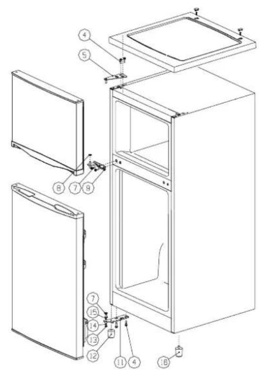 Technical diagram of an open refrigerator with numbered parts for identification