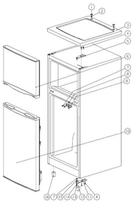 Technical diagram of a refrigerator internal structure with numbered components for identification