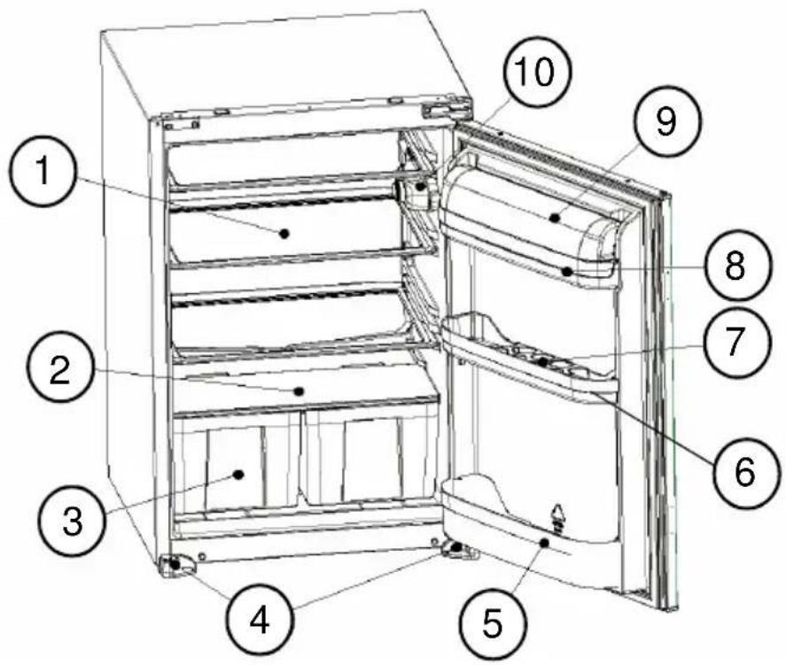 Labeled diagram of a refrigerator interior with numbered components for identification