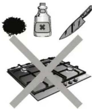 Warning symbol image showing crossed-out kitchen equipment including a bottle, knife, and gas stove