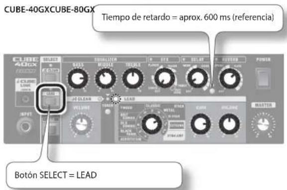 CUBE-40GXCUBE-80GX Tiempo de retardo = aprox. 600 ms (referencia) CUBE 40GX SELECT BASSE MODEL TURBLE FLEX SILVARE REVEREM POWER J-CUME LINE 1200 JG CLEAN LEAD VOLUME POWER TURBO LUXESE RASS WATER GATE VOLUME MASTER Botón SELECT = LEAD