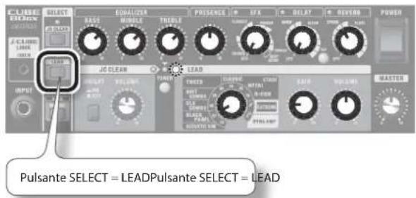 CLUBE BLOCK SELECT BASE MOMOLE TROUBLE PULSE JPG JPA DELAY SEVERB POWER JPG CLEAN LEAD INPUT TREED COLD FIRE RASS VOLUME MASTER Pulsante SELECT = LEAD Pulsante SELECT = LEAD