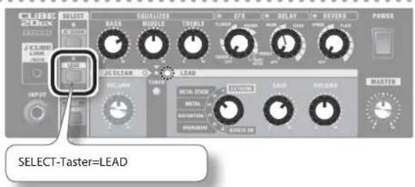 CUBE 20xx SELECT BASS MIDDLE TRIMES EYE DELAY REVERB POWER /CUBE LINK START JG CLEAN LEAD VILLIANCE 100% METAL STAGE STATION MINIMUM MINIMUM MINIMUM MINIMUM MAXIMUM MAXIMUM MASTERS INPUT SELECT-Taster=LEAD